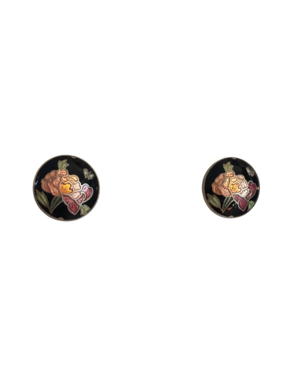 Vintage Cloisonne Enamel Floral Round Stud Earrings Black Gold Tone Flowers .5"